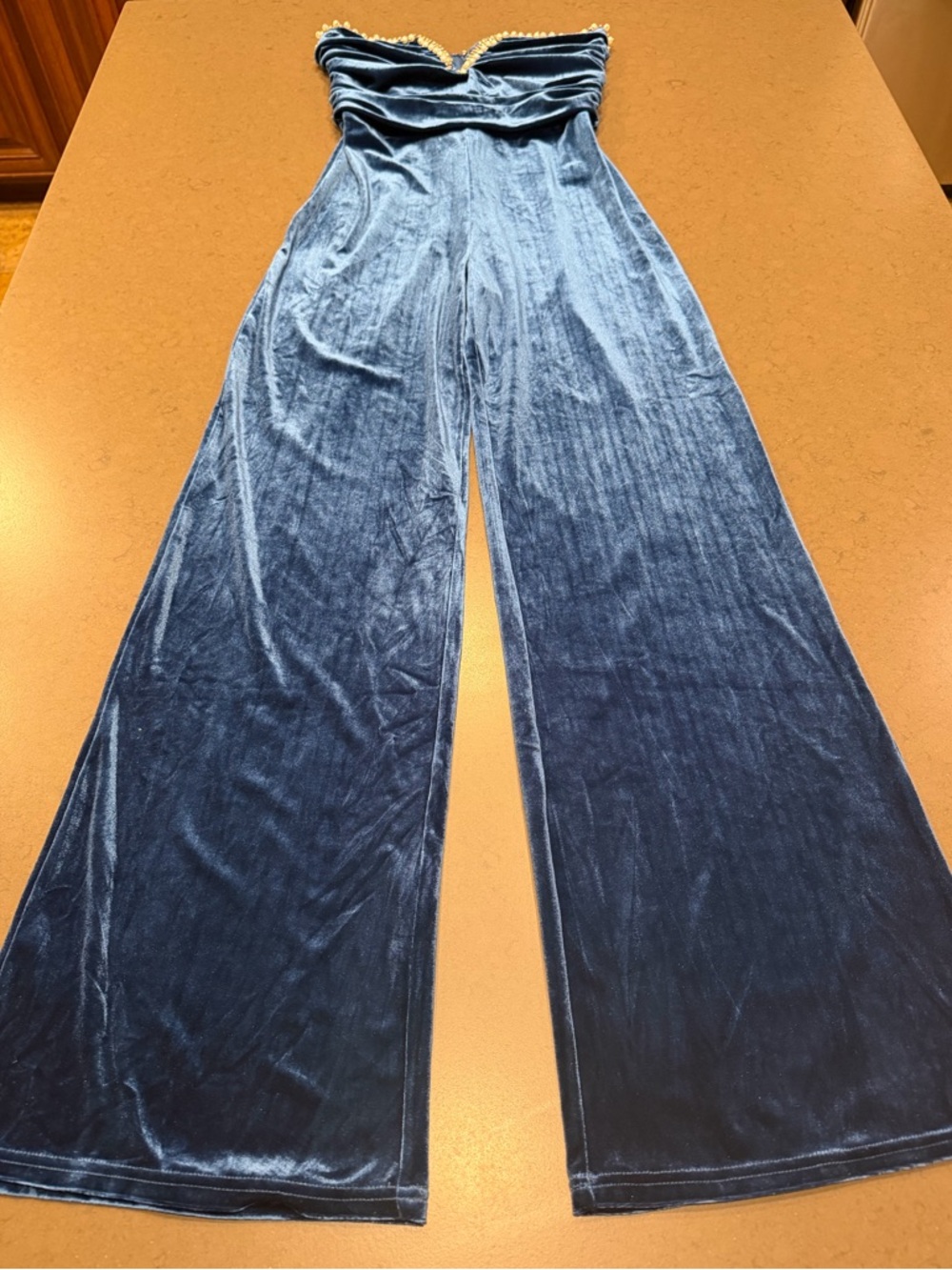 Lulu’s Fabulous Instinct Dark Blue Velvet Pearl Strapless Jumpsuit Sz: M - Picture 6 of 14